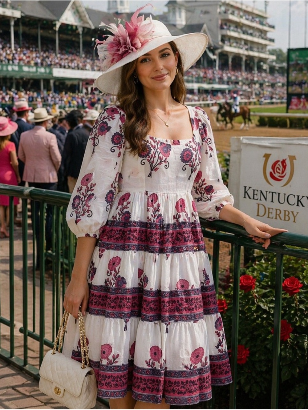 Victoria Dunn Floral Cotton Babydoll Dress XS Pink Puff Sleeve Kentucky Derby